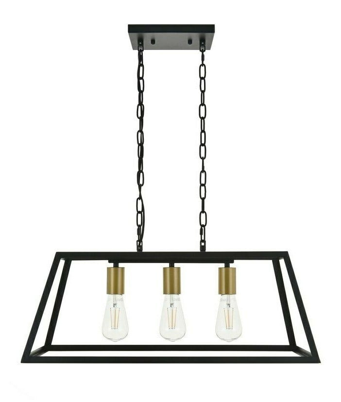Resolute 3-Light Brass Black Farmhouse Chandelier 25.2in: Resolute 3-Light Brass Black Farmhouse Chandelier 25.2in This farmhouse-style chandelier features a modern brass and black finish with a trapezoid-shaped shade, offering a blend of rustic and contempo