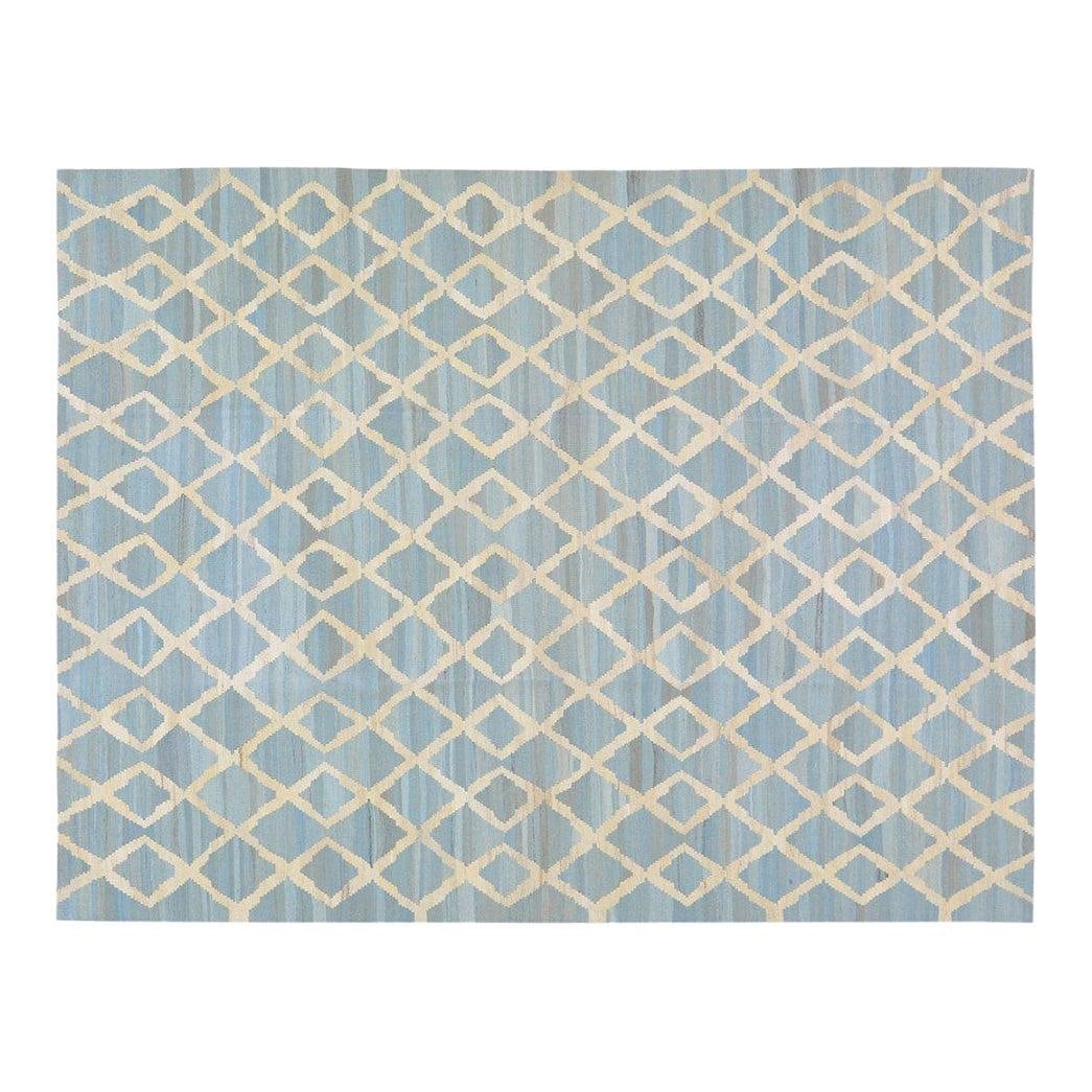 Sky Blue Turkish Kilim Flatweave Wool Rug Geometric Design 6' x 7'8": Sky Blue Turkish Kilim Flatweave Wool Rug Geometric Design 6' x 7'8" This Turkish modern flatweave kilim rug is handwoven from organic wool and features natural colors with a geometric pattern. The ru