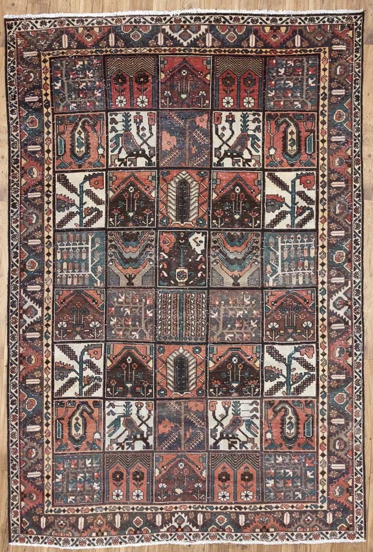 Hand Knotted Wool Pictorial Area Rug 6'8 x 10'0 Vintage Tribal: Hand Knotted Wool Pictorial Area Rug 6'8 x 10'0 Vintage Tribal This semi-antique hand-knotted Oriental rug features a pictorial design with a distressed, vintage appearance. Crafted from wool, it disp