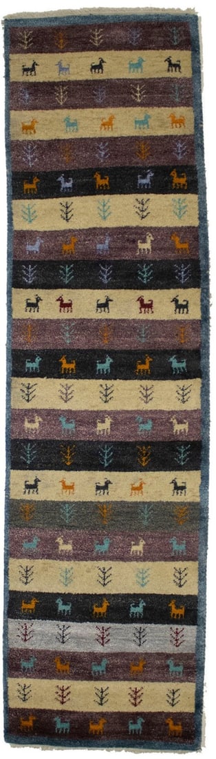Hand Knotted Wool Indo Gabbeh Runner 2'8 x 9'9 Striped Modern Tribal: Hand Knotted Wool Indo Gabbeh Runner 2'8 x 9'9 Striped Modern Tribal This hand-knotted Indo-Gabbeh runner rug features a vibrant multicolored striped pattern with a modern tribal design. Crafted from 