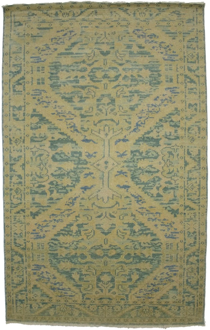 Hand-Knotted Wool Floral Rug 4'10 x 7'9 Transitional Style Muted Green Yellow: Hand-Knotted Wool Floral Rug 4'10 x 7'9 Transitional Style Muted Green Yellow This hand-knotted transitional area rug features a muted floral pattern in shades of green, pastel yellow, and other soft 