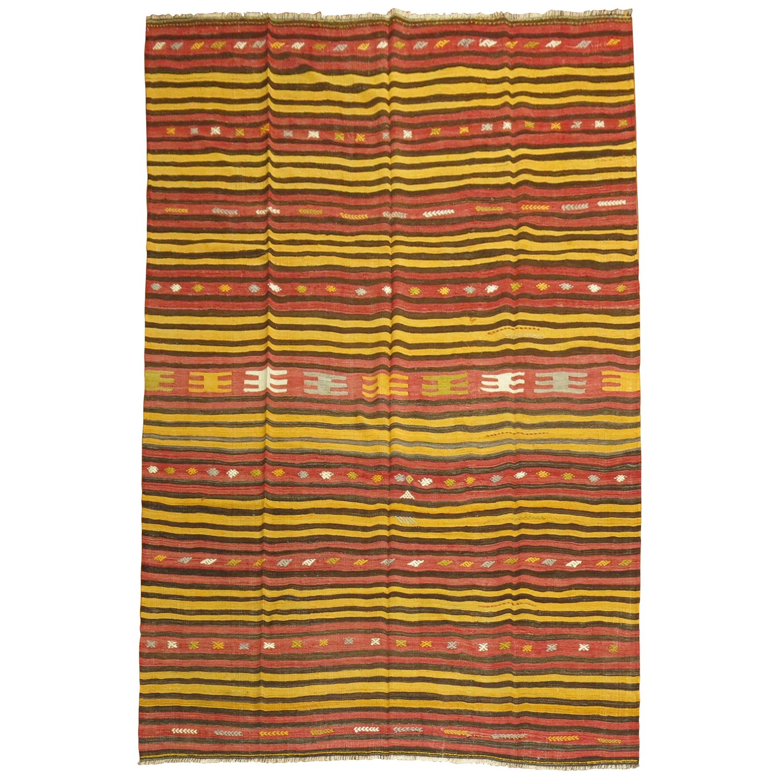 Mid Century Handwoven Wool Turkish Striped Kilim 7'9 x 10'9: Mid Century Handwoven Wool Turkish Striped Kilim 7'9 x 10'9 This is a mid-20th century handwoven Turkish Kilim rug, featuring a striped design in shades of yellow, rust, and brown. Crafted from wool u