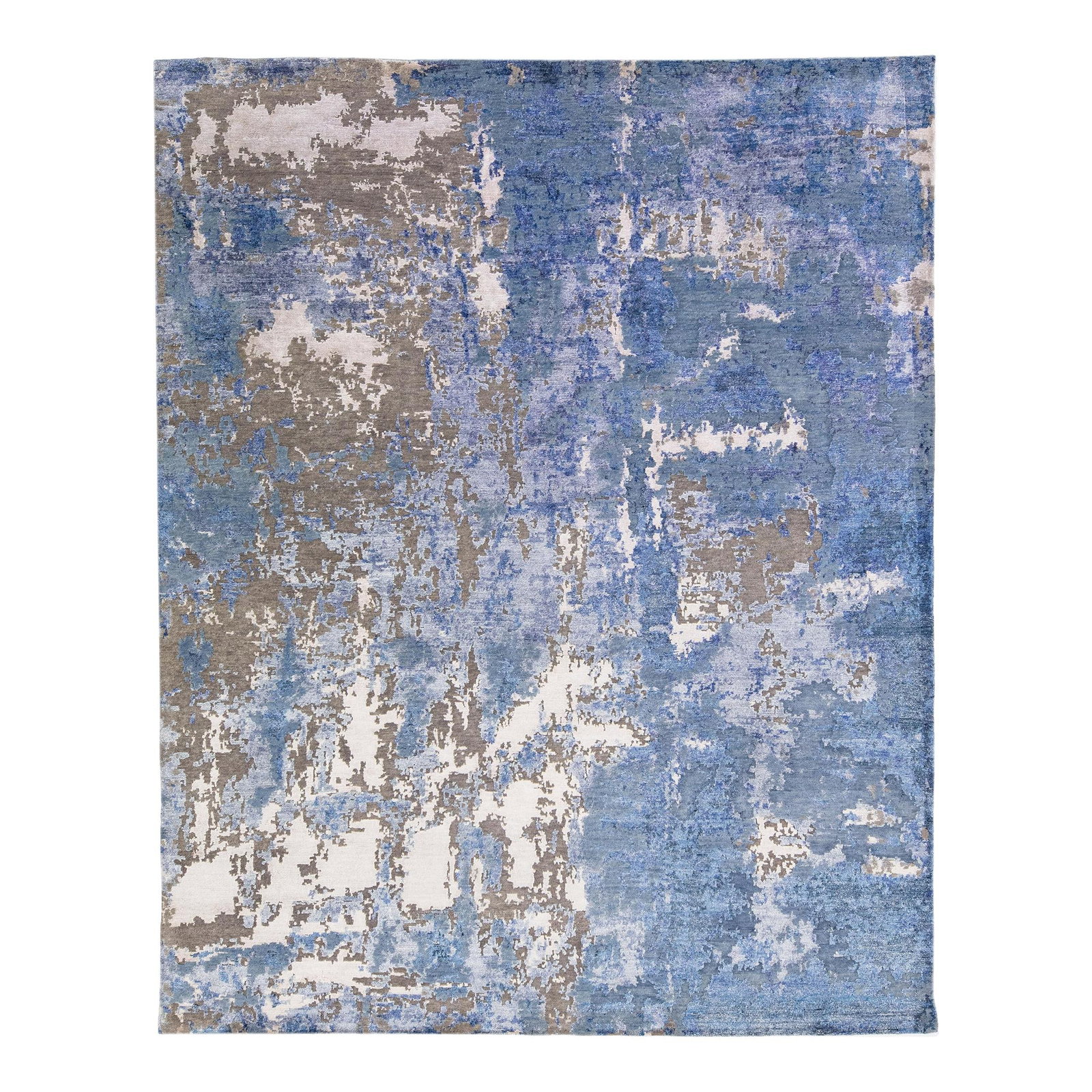 Contemporary Blue Wool Silk Abstract Rug 8' x 10' Handmade in India: Contemporary Blue Wool Silk Abstract Rug 8' x 10' Handmade in India Elevate your space with this stunning contemporary rug that artfully combines wool and silk. Crafted in India, it features a vibrant