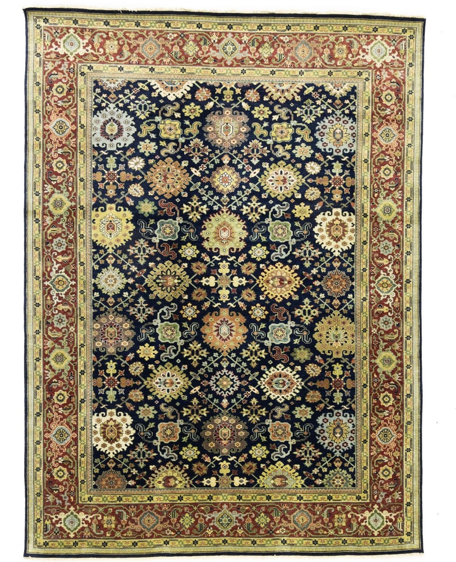 Handmade 9x12 ft Navy Blue Geometric Chobi Rug for Living Room: Handmade 9x12 ft Navy Blue Geometric Chobi Rug for Living Room Elevate your living space with this stunning 9x12 ft Handmade Chobi Navy Blue Oriental Rug. Featuring a captivating geometric pattern, th