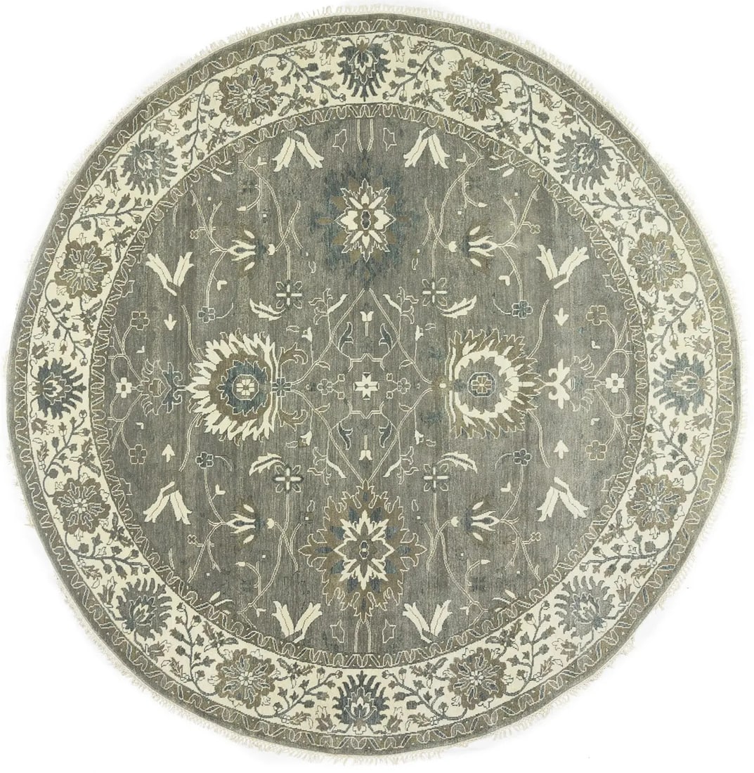 Hand-Knotted 10ft Floral Oushak Rug Wool Eco-Friendly Round Carpet: Hand-Knotted 10ft Floral Oushak Rug Wool Eco-Friendly Round Carpet Enhance your living space with this stunning Hand-Knotted Taupe Round Oushak Chobi Oriental Rug. Measuring approximately 9'11" in len