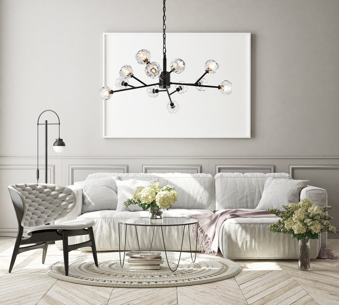 Graham 12-Light Crystal Pendant Chandelier Black 35 in: Graham 12-Light Crystal Pendant Chandelier Black 35 in Modern black pendant chandelier with a Sputnik design and 12 lights. It features crystal shades, a crystal and iron construction, and a hardwired