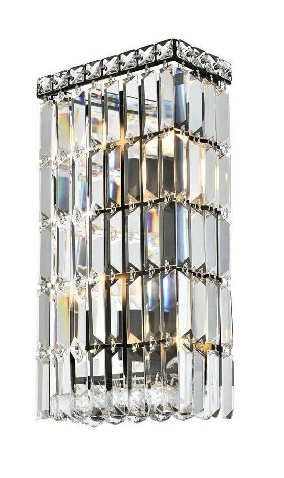 Maxime 4 Light Crystal Wall Sconce Black Clear 16 in: Maxime 4 Light Crystal Wall Sconce Black Clear 16 in Modern wall sconce light fixture with a black finish and clear crystal glass details. It is hardwired, designed for indoor installation, and featur