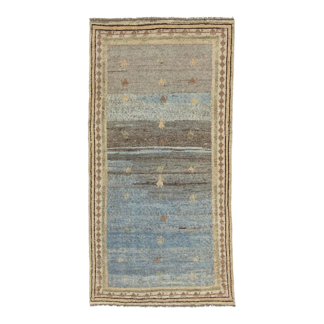 Hand Knotted Gabbeh Wool Rug 3'3 x 6'6 Blue Grey: Hand Knotted Gabbeh Wool Rug 3'3 x 6'6 Blue Grey This hand-knotted Gabbeh wool rug brings a modern, minimalist touch to your home. Expertly crafted with premium hand-spun wool, it showcases a plush, h