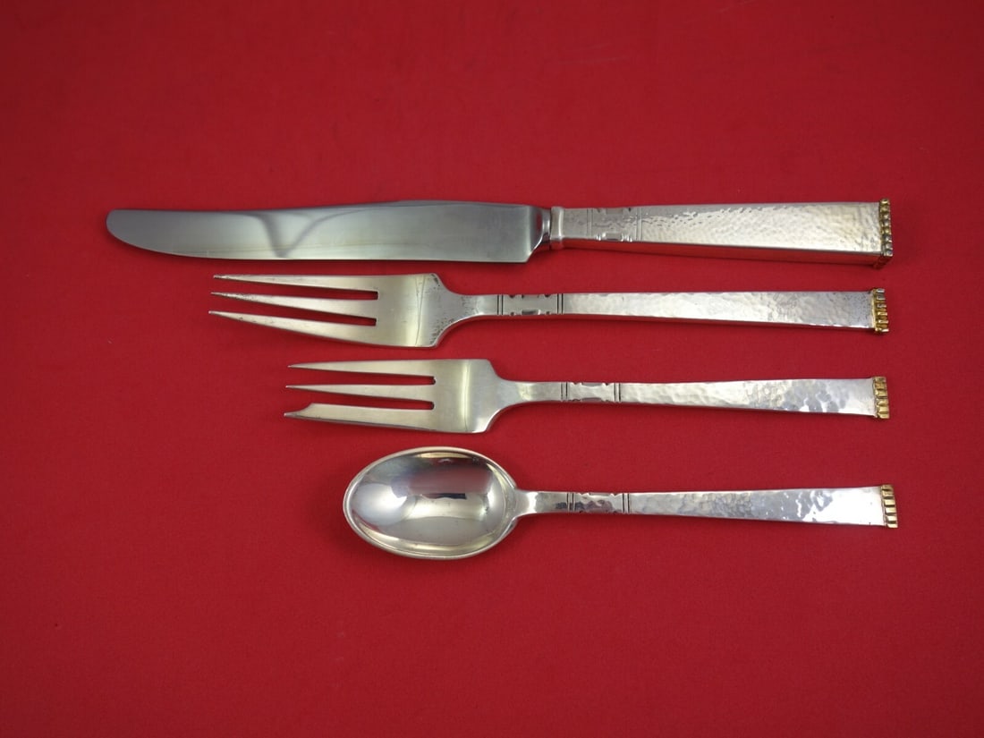 Old Newbury Crafters Karen Gold Accents Sterling Silver 4-Piece Dinner Set: Old Newbury Crafters Karen Gold Accents Sterling Silver 4-Piece Dinner Set Enhance your dining experience with this exquisite 4-piece dinner setting from the Karen Gold Accents pattern by Old Newbury 