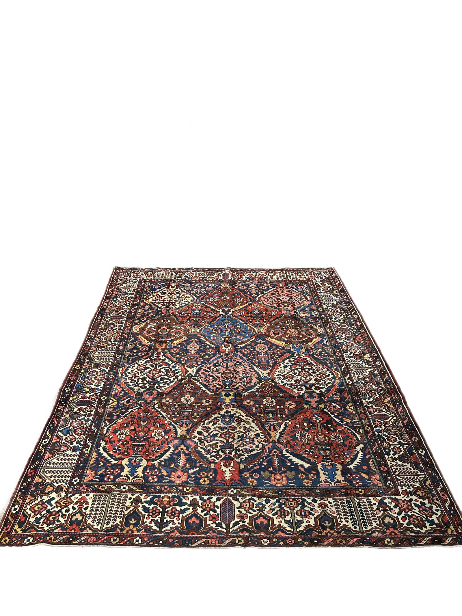 10.6 x 13.5 Hand-Knotted Persian Bakhtiari Rug in Orange-Red: 10.6 x 13.5 Hand-Knotted Persian Bakhtiari Rug in Orange-Red Free continental US Shipping Enhance your home decor with this exquisite 10.6 x 13.5 Semi-Antique Hand-knotted Persian Bakhtiari Rug, featu