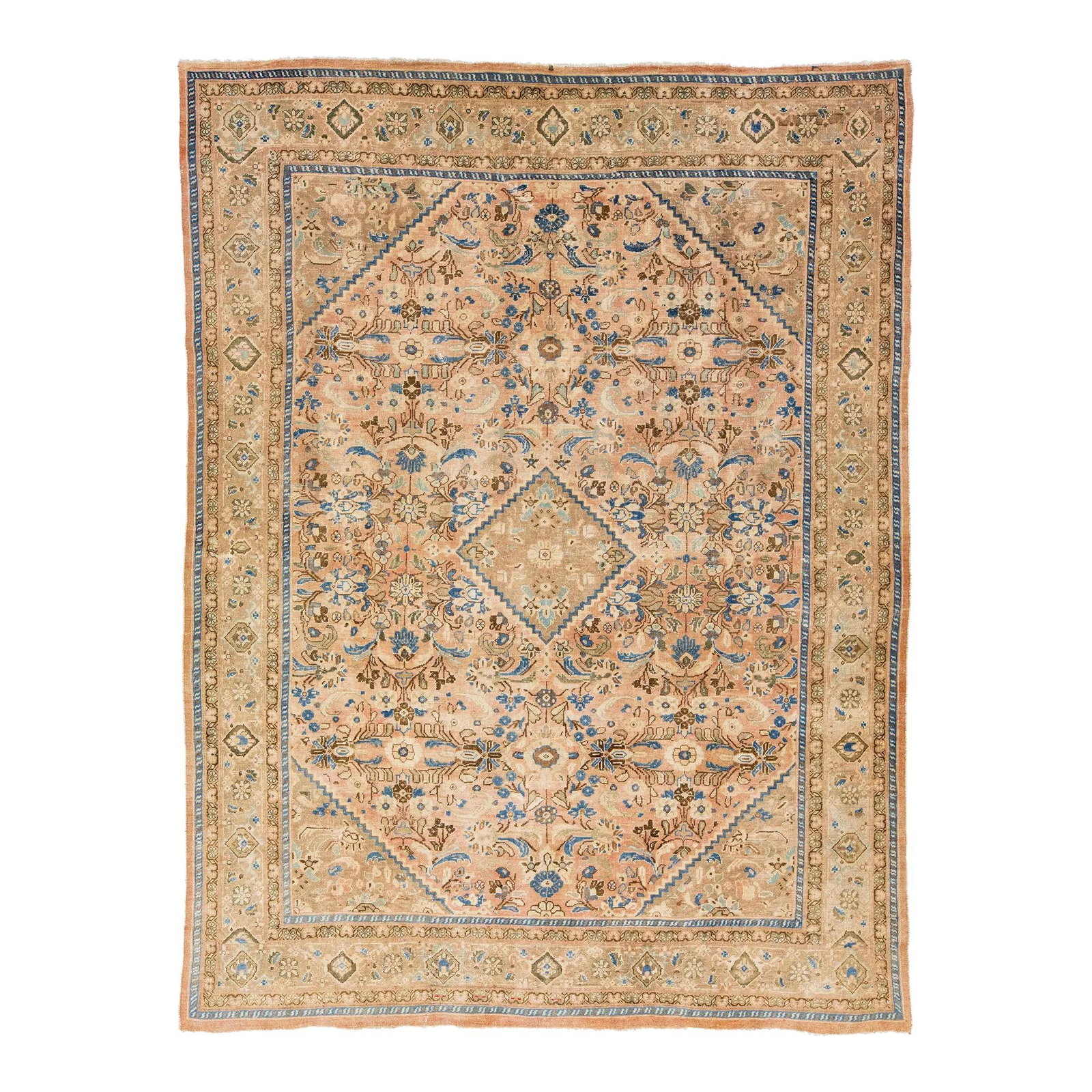Antique Handmade Persian Mahal Peach Wool Rug 9'8 x 12'10 Floral Design: Antique Handmade Persian Mahal Peach Wool Rug 9'8 x 12'10 Floral Design Discover the exquisite charm of this antique hand-knotted Persian Mahal rug, featuring a stunning peach color field adorned with