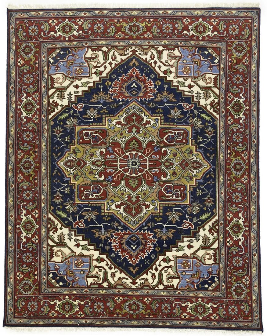 7'10 x 9'10 Wool Hand-Knotted Geometric Area Rug Heriz Serapi Style: 7'10 x 9'10 Wool Hand-Knotted Geometric Area Rug Heriz Serapi Style This hand-knotted Heriz Serapi Oriental rug features a geometric pattern in a palette of dark navy, rusty red, cream, gold, tan, blu