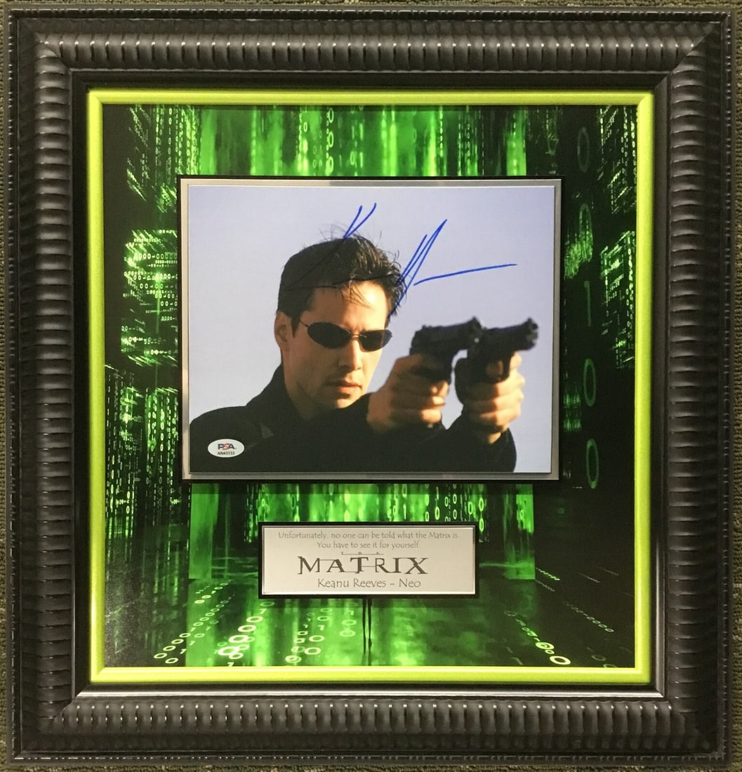 Keanu Reeves Signed The Matrix 8x10 Photo Custom Frame PSA/DNA: Keanu Reeves Signed The Matrix 8x10 Photo Custom Frame PSA/DNA This stunning custom framed display features an 8" x 10" photograph of Keanu Reeves as Neo from the iconic movie The Matrix. The photogra