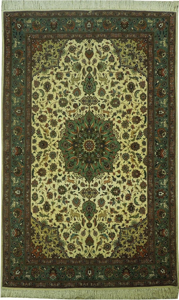 6 x 9.5 Handmade Tabriz Persian Rug from Iran with Animal Design Wool Silk: 6 x 9.5 Handmade Tabriz Persian Rug from Iran with Animal Design Wool Silk Free continental US Shipping This 6 x 9.5 ft handmade Tabriz rug from Iran is a genuine Persian carpet featuring an intricate