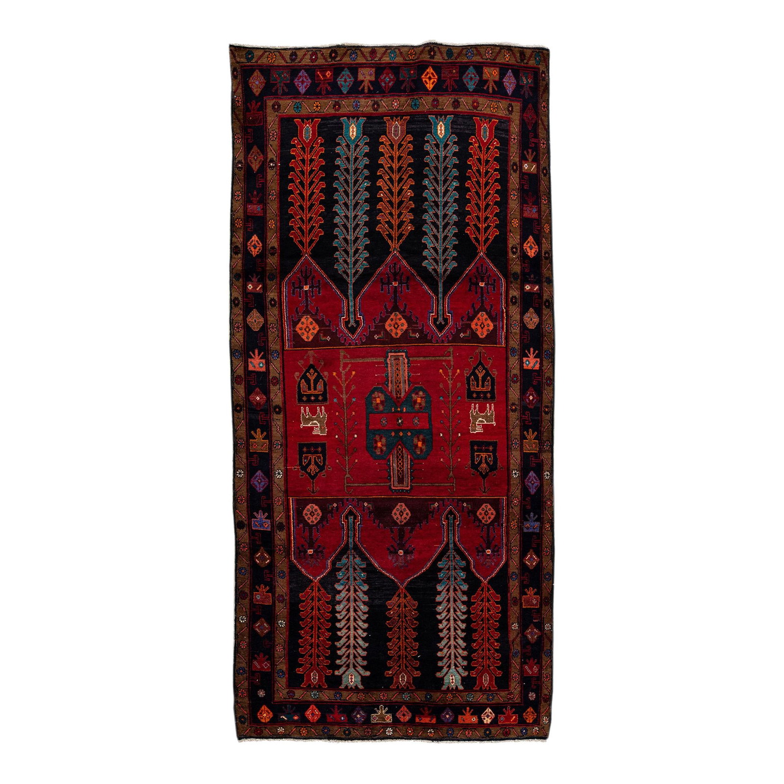 Vintage Persian Red Geometric Wool Runner Rug 4'9 X 10'2: Vintage Persian Red Geometric Wool Runner Rug 4'9 X 10'2 Enhance your living space with this beautiful vintage Persian hand-knotted wool runner rug. Featuring a striking red field adorned with multico