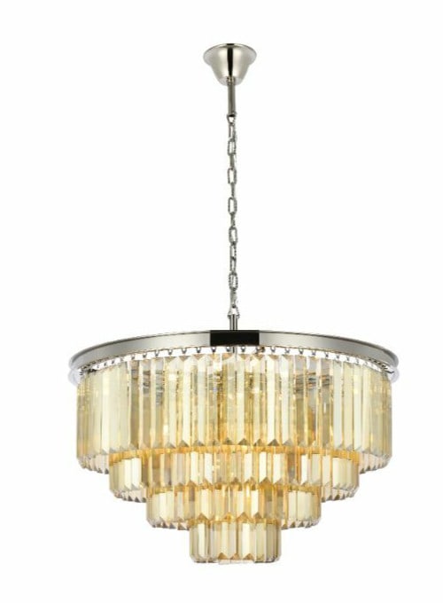 Sydney 17 Light Crystal Chandelier Polished Nickel Golden Teak 32 in: Sydney 17 Light Crystal Chandelier Polished Nickel Golden Teak 32 in Modern 17-light chandelier with a polished nickel finish and golden teak crystal accents. It features a crystal and iron/steel cons