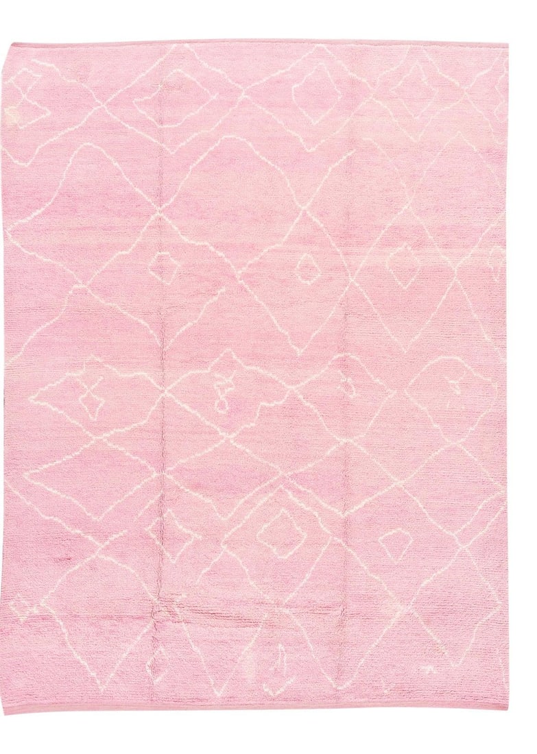Modern Pink Wool Moroccan Style Rug 8'3 x 10'10 Tribal Design: Modern Pink Wool Moroccan Style Rug 8'3 x 10'10 Tribal Design Enhance your space with this stunning Modern Moroccan Style Wool Rug, featuring a vibrant pink field adorned with a striking all-over geom