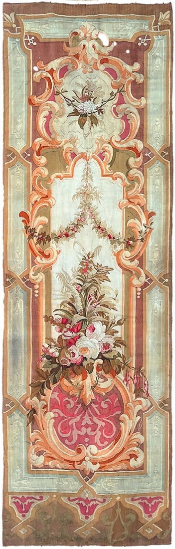 French Aubusson Floral Vase Wool Tapestry Runner 3x10 Antique (1 of 12)