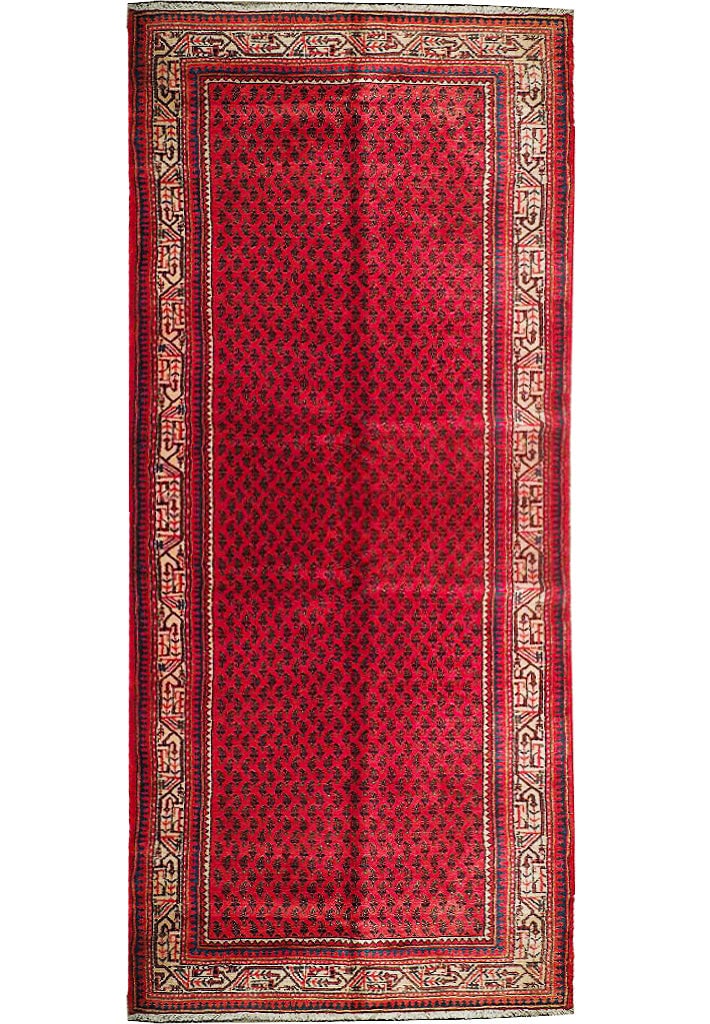 Red Semi-Antique Persian Mir Sarouk Runner 3.7' x 10.3' Handmade Wool: Red Semi-Antique Persian Mir Sarouk Runner 3.7' x 10.3' Handmade Wool Free continental US Shipping Elevate your home decor with this stunning 3.7 x 10.3 Red Semi-Antique Persian Mir Sarouk Runner. Han