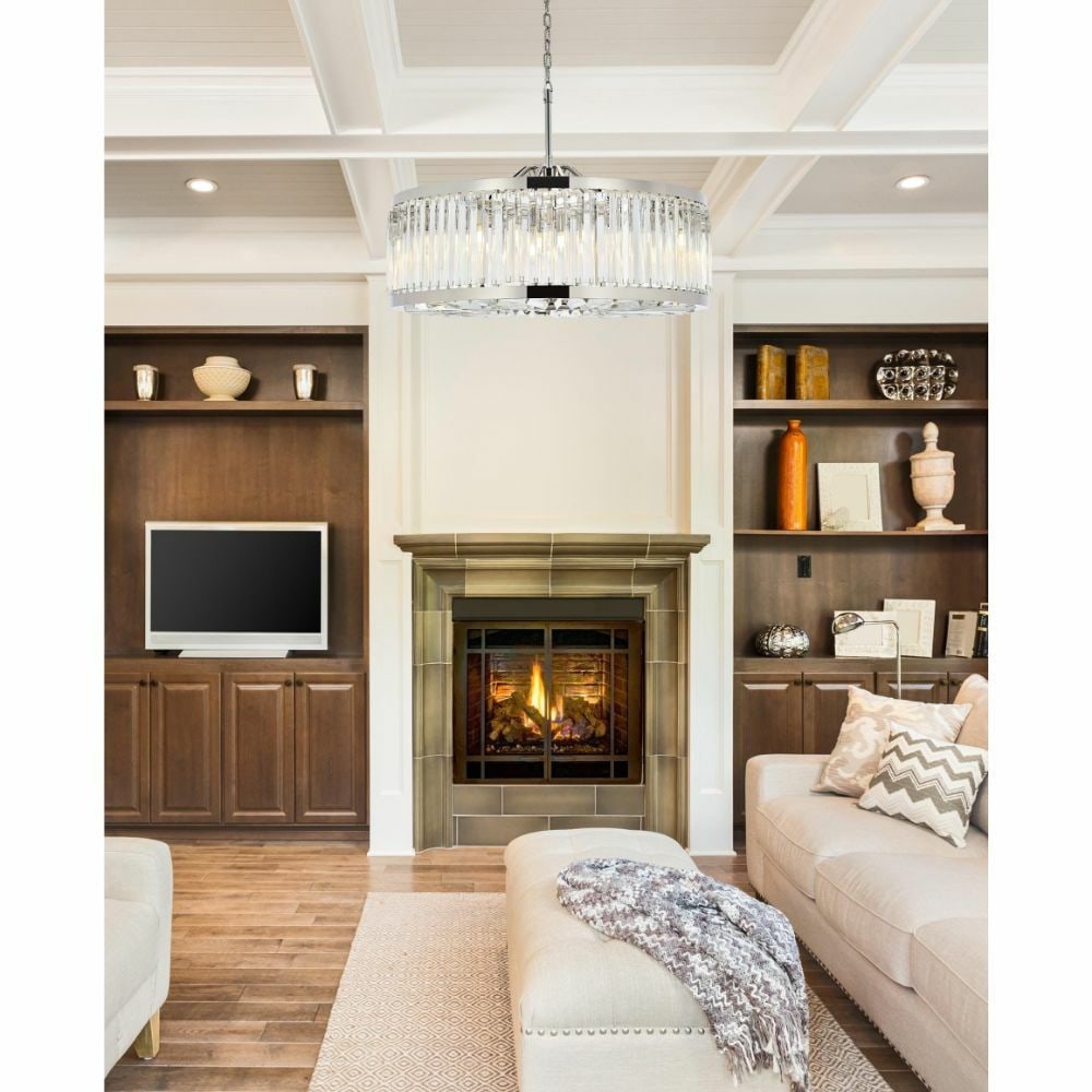 Chelsea 10 Light Crystal Chandelier Polished Nickel 35.5 in: Chelsea 10 Light Crystal Chandelier Polished Nickel 35.5 in Modern crystal chandelier with a polished nickel finish and clear Royal Cut crystals. It features 10 lights, a hardwired power source, and a