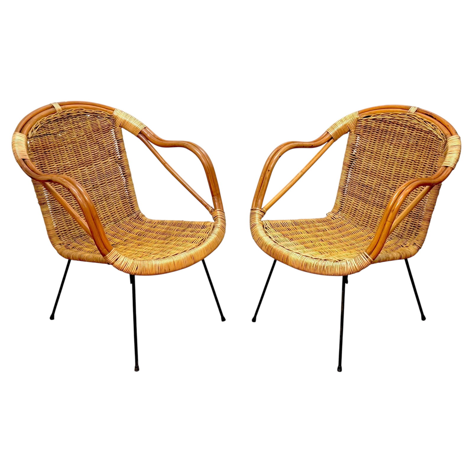 Italian Mid Century Bamboo Rattan Club Chairs Attributed to Franco Albini Set of 2 (1 of 12)