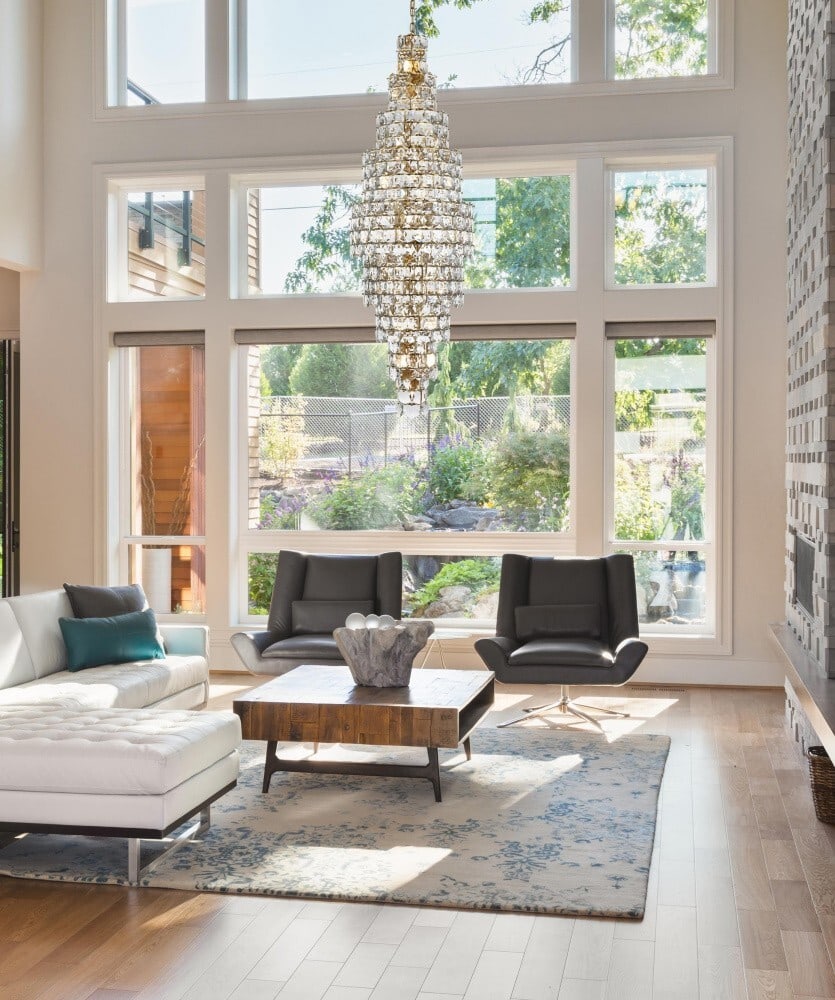 Adaline 41-Light Satin Gold Crystal Chandelier 30 in 91 in: Adaline 41-Light Satin Gold Crystal Chandelier 30 in 91 in This large modern chandelier features a satin gold finish and high-quality royal cut clear crystals, designed to make a statement in foyers, 