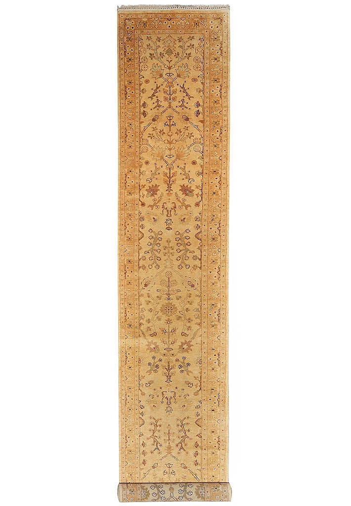 2.8 x 15.7 Feet Golden Handmade Oushak Runner Natural Wool: 2.8 x 15.7 Feet Golden Handmade Oushak Runner Natural Wool Free continental US Shipping Handmade Oushak runner in a long, elongated format with a golden background and subtle ivory, beige, and muted e