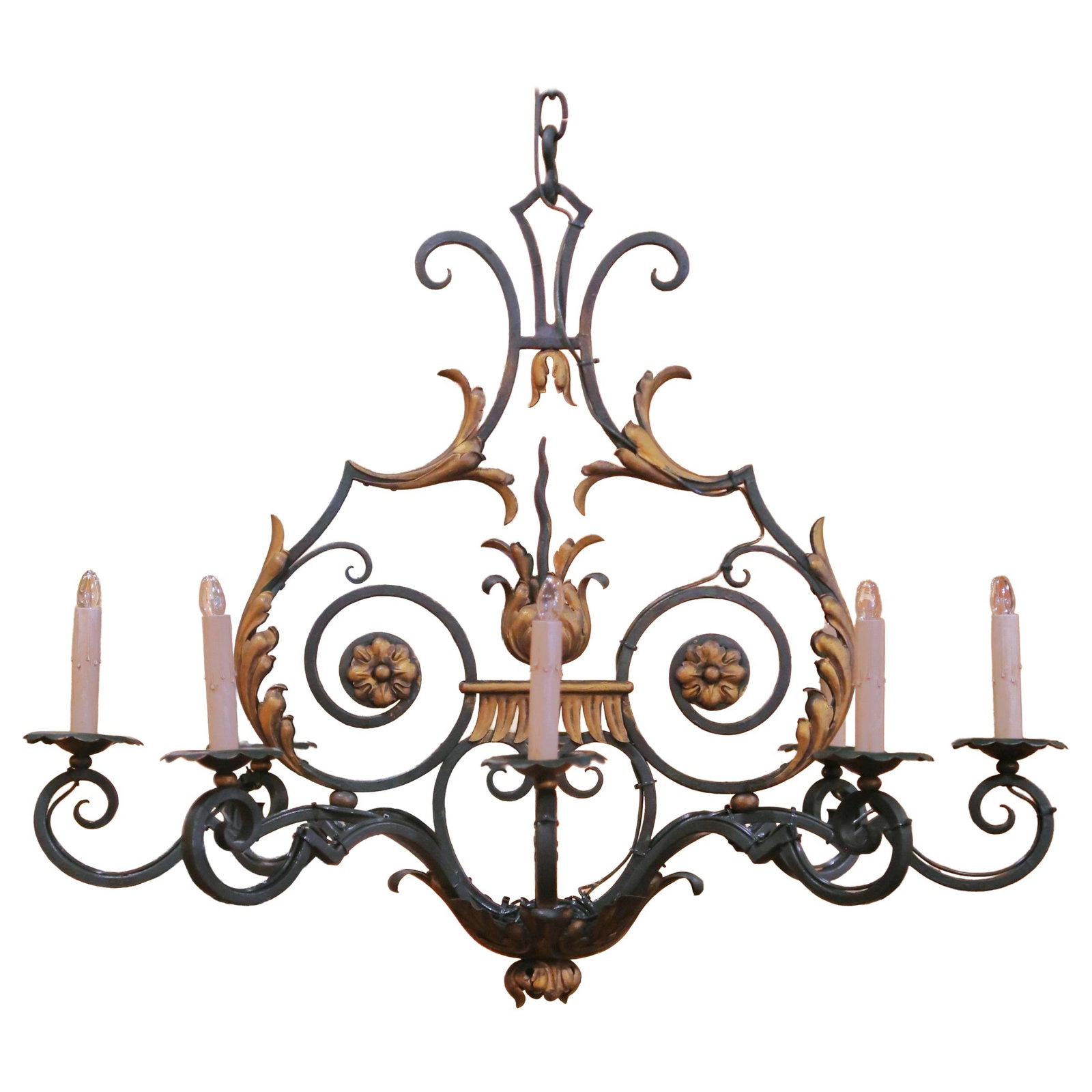 French Louis XV Verdigris Gilt Iron 8-Light Chandelier: French Louis XV Verdigris Gilt Iron 8-Light Chandelier This early 20th century French chandelier, crafted circa 1920, showcases the refined elegance of the Louis XV style. Made from hand-forged iron, 