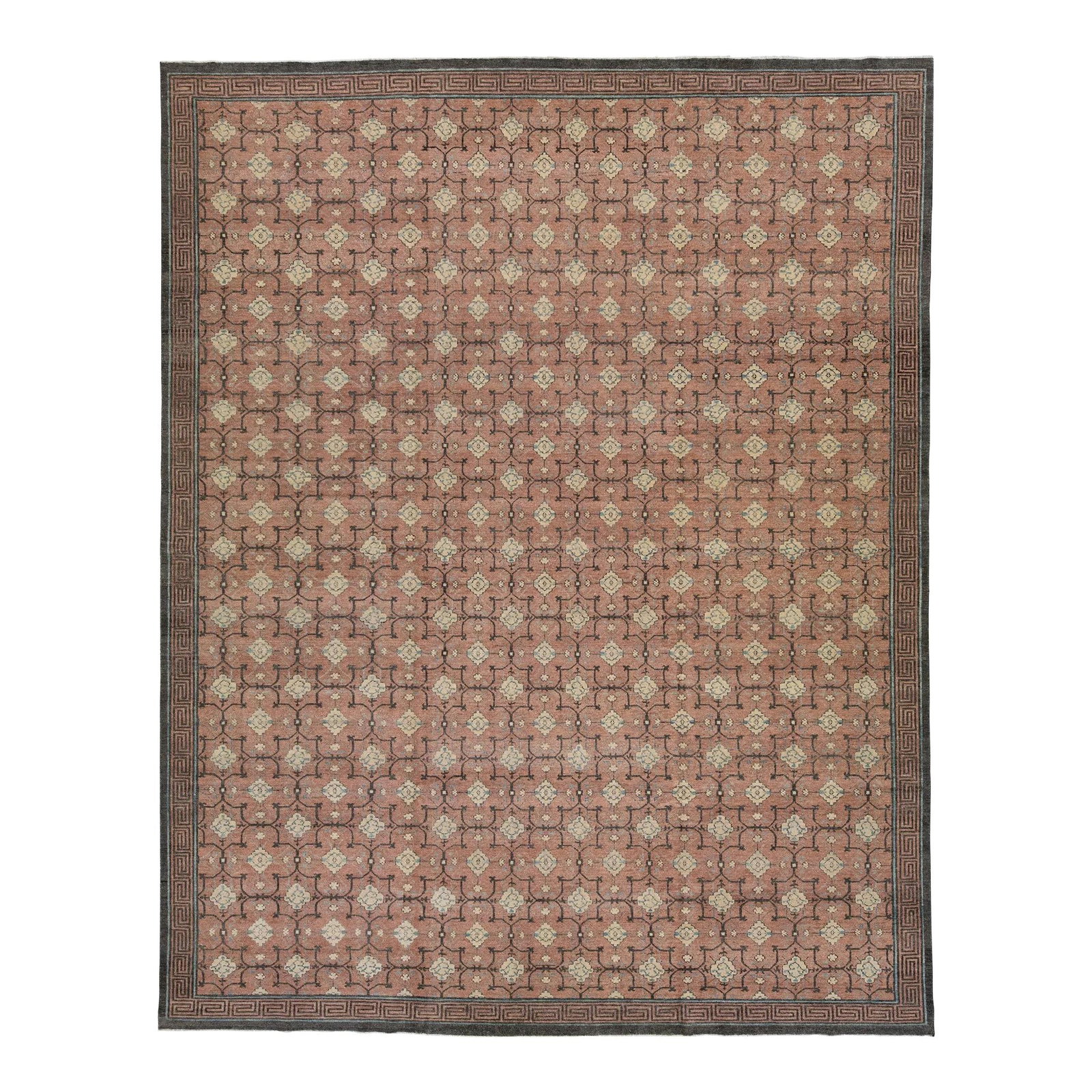 Khotan Style Modern Wool Rug Geometric Design Brown 11'11 x 15'1: Khotan Style Modern Wool Rug Geometric Design Brown 11'11 x 15'1 Experience the elegance of this Handmade Khotan Style Modern Wool Rug, featuring a captivating geometric design in a warm peach-brown c