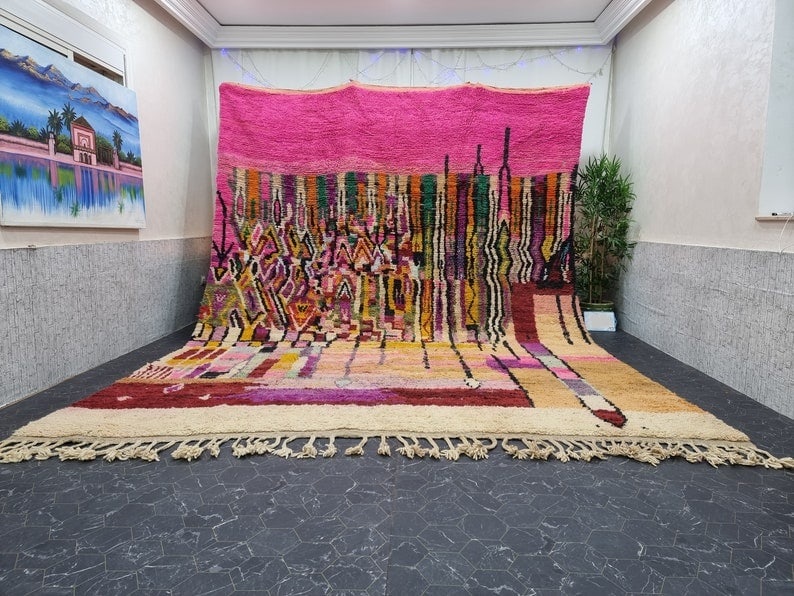 Handmade Moroccan Berber Colorful Wool Rug 13 x 6.56 Feet: Handmade Moroccan Berber Colorful Wool Rug 13 x 6.56 Feet Enhance your space with this Large Authentic Artistic Handmade Moroccan Berber Rug. Skillfully crafted by talented Berber women weavers in the
