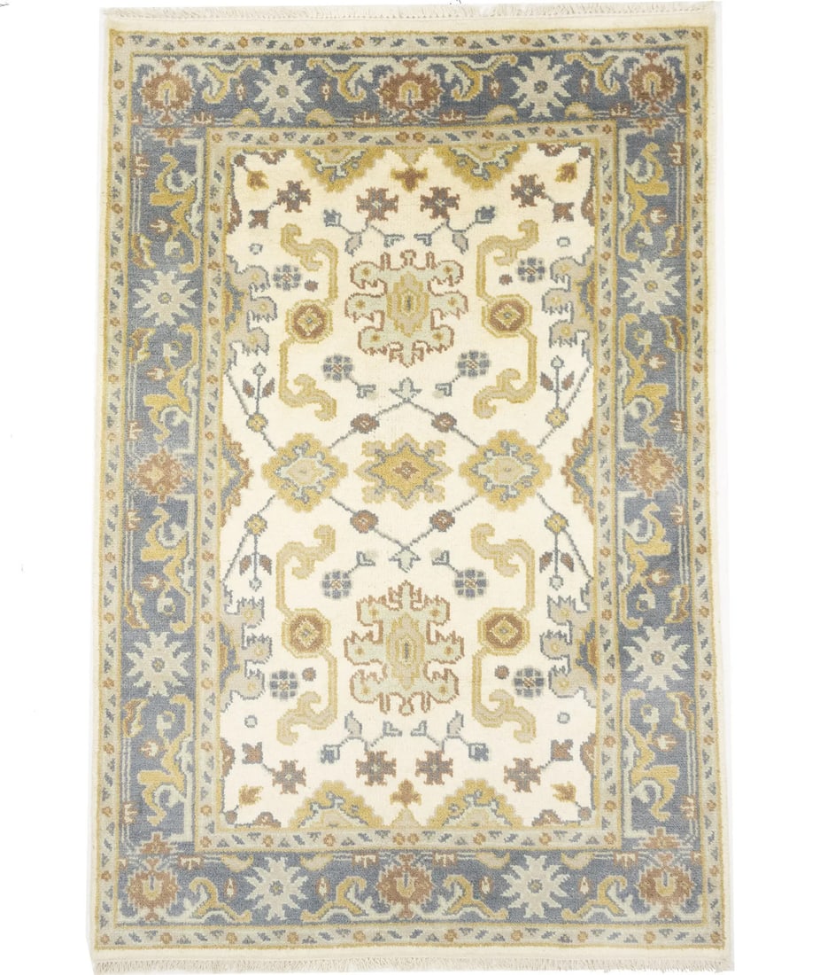 Hand-Knotted Floral Oushak 4x6 Wool Area Rug Cream Gray Gold: Hand-Knotted Floral Oushak 4x6 Wool Area Rug Cream Gray Gold Enhance your living space with this exquisite hand-knotted floral Oushak Chobi rug, perfect for adding a touch of elegance to any room. Cra
