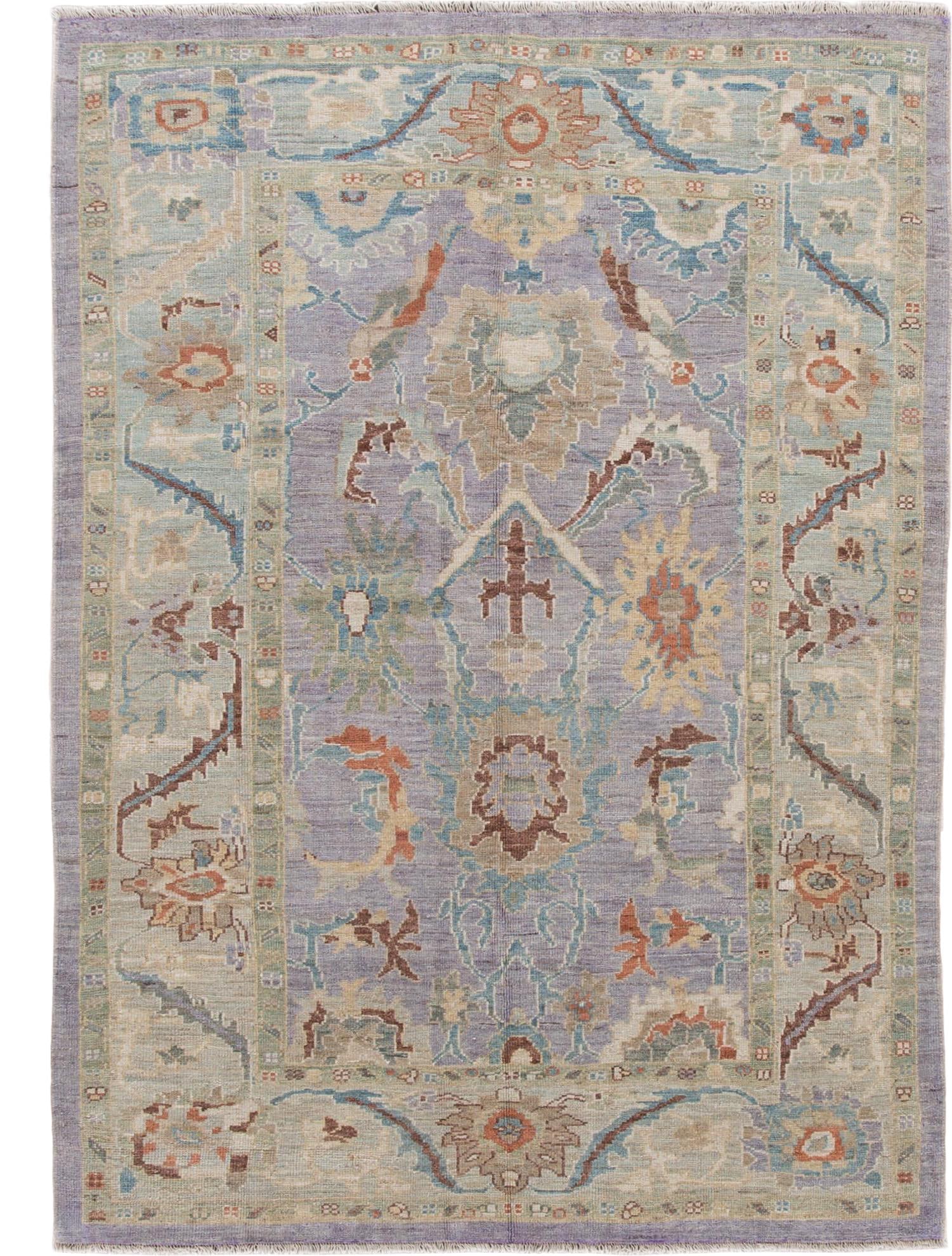 Handmade Modern Sultanabad Purple Floral Wool Rug 6' x 8'5": Handmade Modern Sultanabad Purple Floral Wool Rug 6' x 8'5" Enhance your space with this exquisite Modern Sultanabad hand-knotted wool rug, featuring a vibrant purple field and a striking blue frame. 