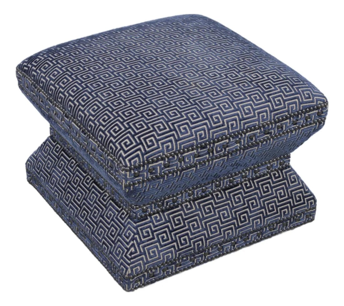 Blue Upholstered Ottoman with Greek Key Motif and Casters (1 of 10)