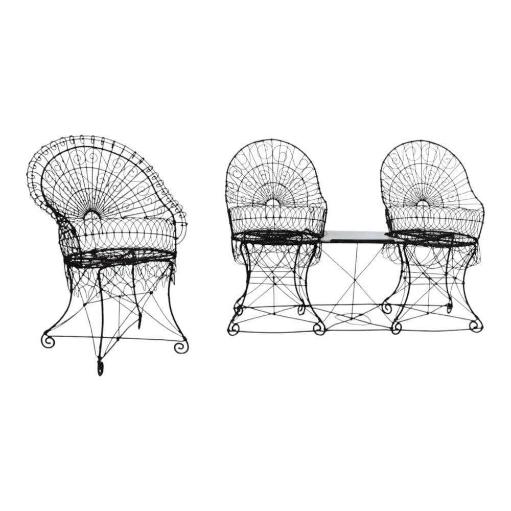 Wire garden settee with chair set of 2 c1920 (1 of 12)