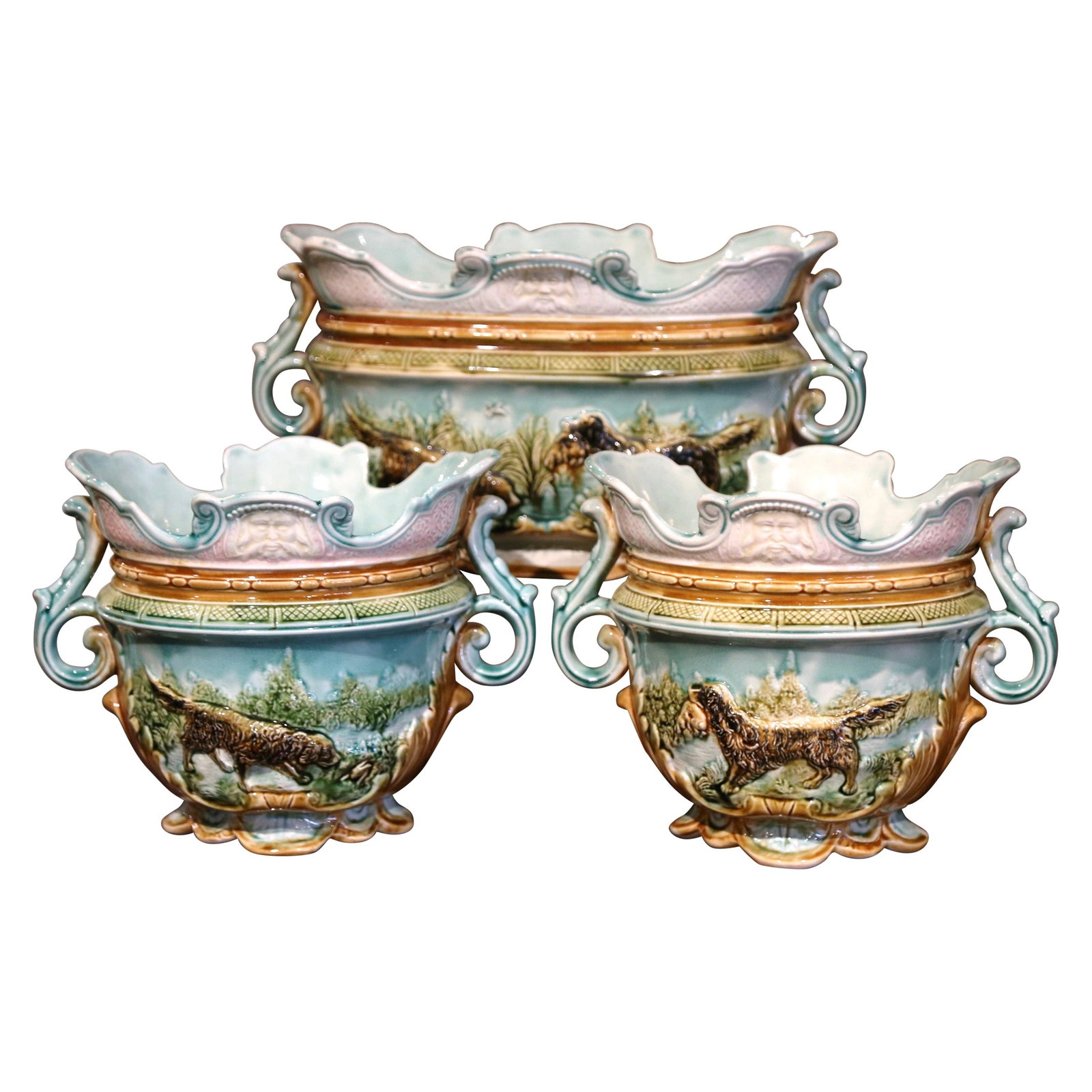 19th Century French Majolica Jardiniere Cache Pot Set of 3 Hand-Painted Hunting Dogs: 19th Century French Majolica Jardiniere Cache Pot Set of 3 Hand-Painted Hunting Dogs Enhance your space with this exquisite set of 19th Century French Majolica, featuring a large jardiniere and two ma