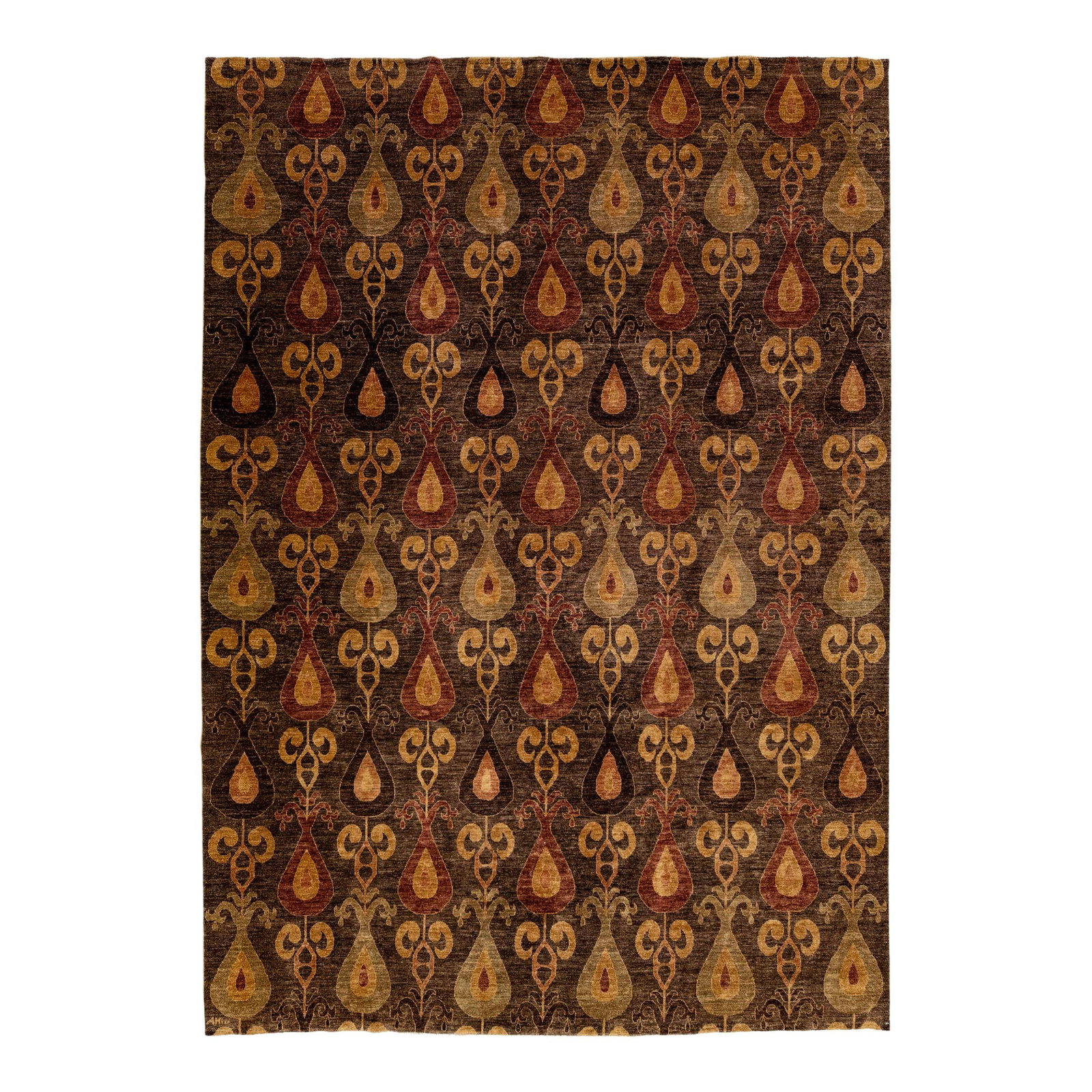 Handmade Brown Ikat Wool Rug 9' x 12'5' Geometric Design: Handmade Brown Ikat Wool Rug 9' x 12'5' Geometric Design Elevate your space with this stunning Brown Modern Ikat Handmade Geometric Pattern Designed Wool Rug. Featuring a rich brown field complemented