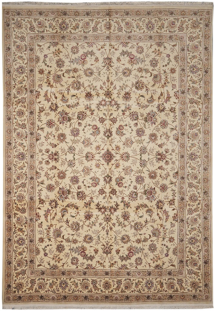 9 x 12.8 Hand Knotted Wool Silk Tabriz Area Rug: 9 x 12.8 Hand Knotted Wool Silk Tabriz Area Rug Free continental US Shipping This finely hand-knotted area rug features a luxurious blend of wool and silk, crafted in China with a classic Tabriz patte