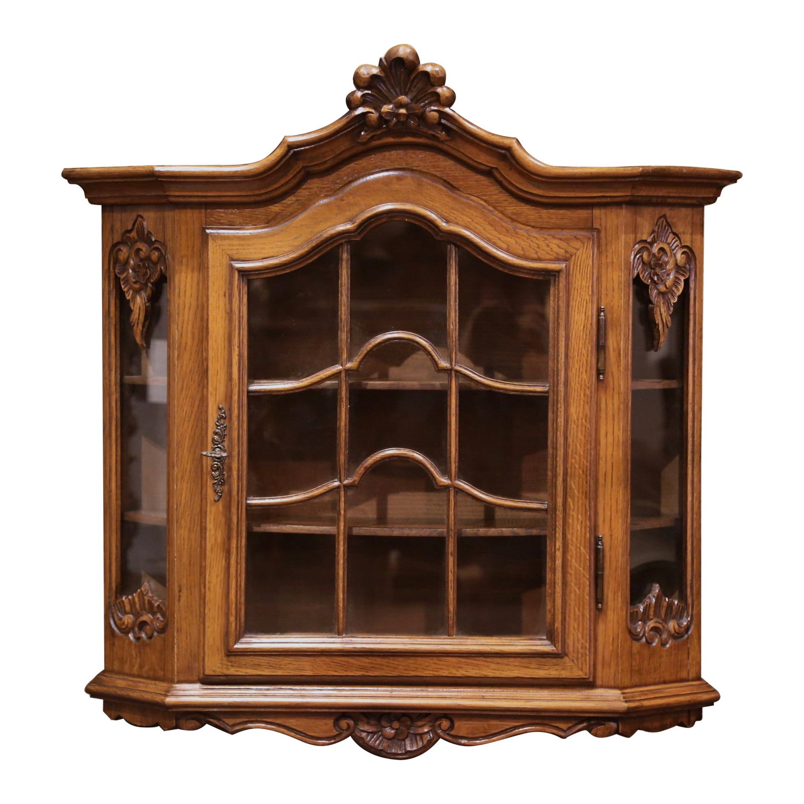 Antique French Louis XV Carved Walnut Wall Vitrine circa 1920: Antique French Louis XV Carved Walnut Wall Vitrine circa 1920 This exquisite Early 20th Century French Louis XV Carved Walnut Wall Vitrine is a stunning addition to any home. Crafted in northern Franc