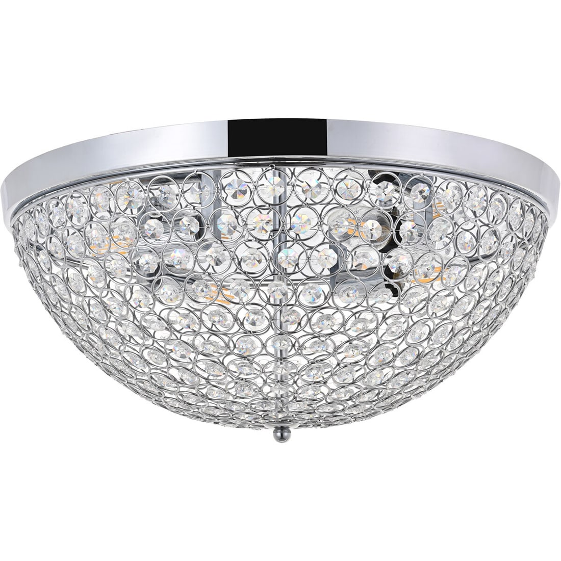 Taye 18 Inch Crystal Flush Mount Ceiling Chandelier with Chrome Finish 4 Light: Taye 18 Inch Crystal Flush Mount Ceiling Chandelier with Chrome Finish 4 Light This modern flush mount chandelier features an 18-inch round, polished chrome iron shade with rows of open circles and fa