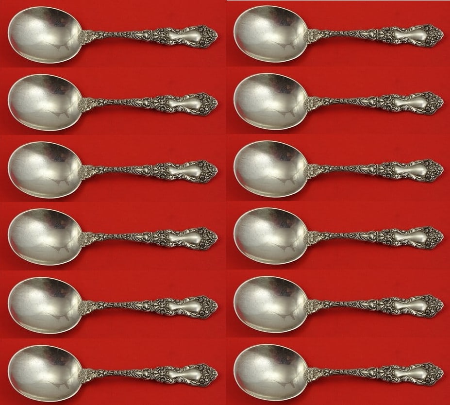 Gorham Imperial Chrysanthemum Sterling Silver Cream Soup Spoon Set 12 pcs: Gorham Imperial Chrysanthemum Sterling Silver Cream Soup Spoon Set 12 pcs Enhance your dining experience with this exquisite 12-piece set of cream soup spoons in the Imperial Chrysanthemum pattern by 