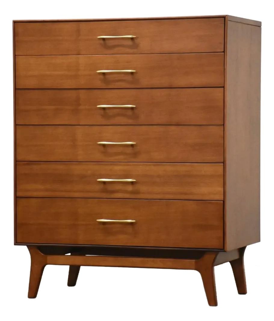 1960s Rway Walnut Tall Dresser Mid Century Modern: 1960s Rway Walnut Tall Dresser Mid Century Modern This mid-century modern tall dresser features a stunning walnut finish, elegantly complemented by canted legs and polished brass drawer pulls. Profess