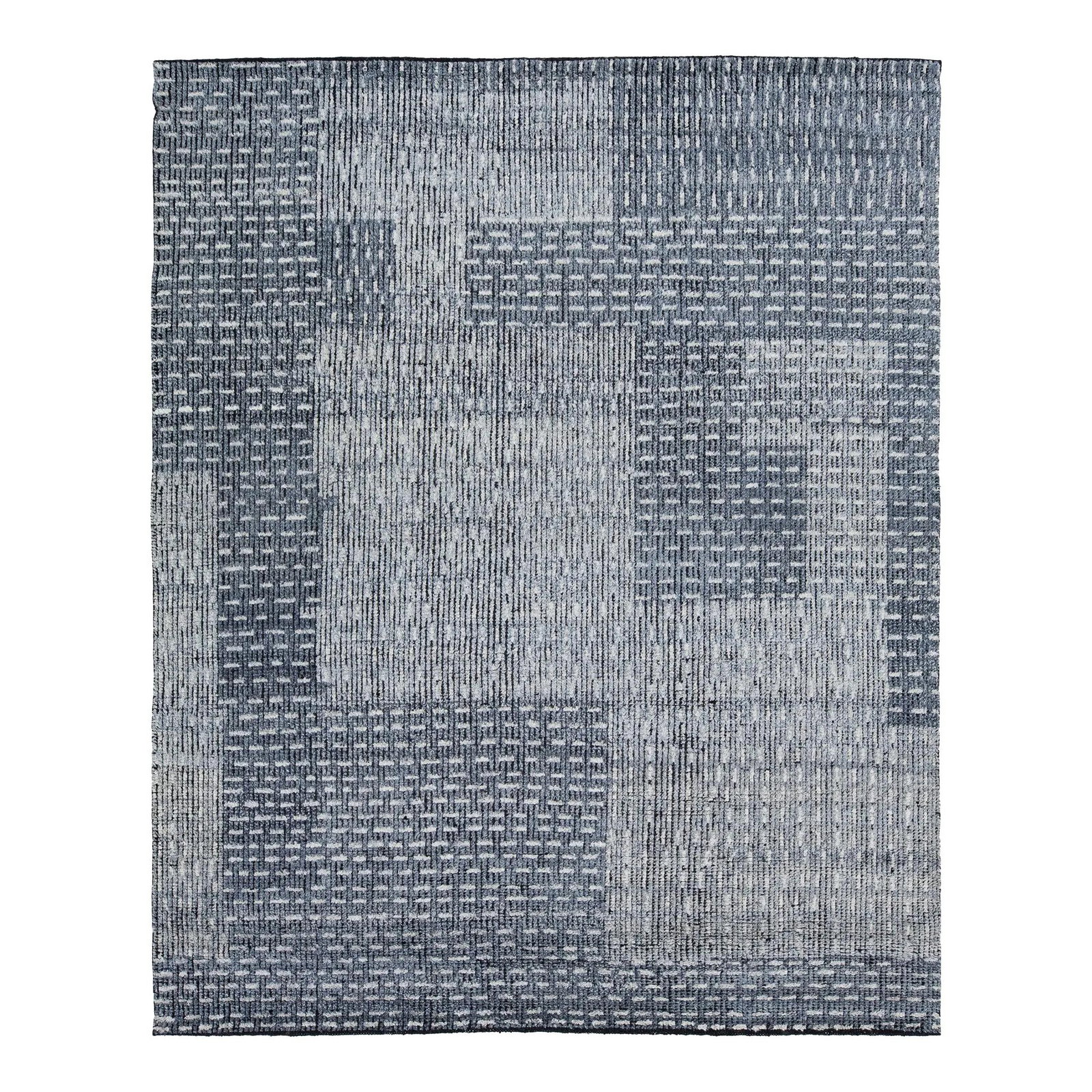 Modern Abstract Geometric Wool Rug in Blue 8'1 x 9'11: Modern Abstract Geometric Wool Rug in Blue 8'1 x 9'11 Enhance your space with this exquisite modern hand-knotted wool rug featuring a vibrant blue field adorned with a captivating geometric abstract d