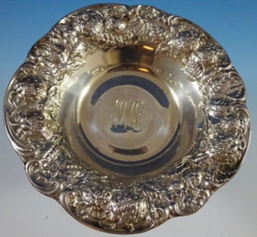Mauser Strawberry sterling silver compote 3 1/8 tall 6 1/4 diameter: Mauser Strawberry sterling silver compote 3 1/8 tall 6 1/4 diameter Sterling silver compote by Mauser from the Strawberry pattern. This piece is monogrammed in the center and marked, and it is in exce