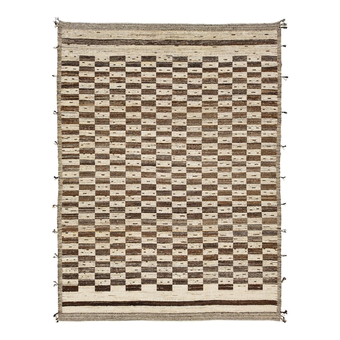 10'2 x 13'8 Wool Area Rug with Ivory and Brown Checkerboard Design: 10'2 x 13'8 Wool Area Rug with Ivory and Brown Checkerboard Design This hand-knotted rug features a striking checkerboard pattern in natural ivory and chocolate brown, blending contemporary design wit