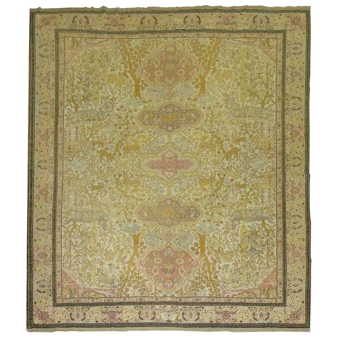 Zabihi Collection Hand-Knotted Turkish Folk Art Square Rug 8'1 x 8'3: Zabihi Collection Hand-Knotted Turkish Folk Art Square Rug 8'1 x 8'3 Explore the exquisite craftsmanship of this Zabihi Collection pictorial Turkish animal square rug, a stunning example of folk art f