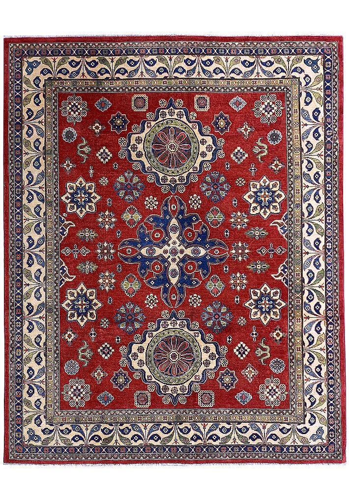 Handmade 8.0 x 9.7 Kazak Wool Area Rug in Vibrant Colors: Handmade 8.0 x 9.7 Kazak Wool Area Rug in Vibrant Colors Free continental US Shipping Elevate your home decor with this exquisite 8.0 x 9.7 Kazak rug, handmade from premium wool. Drawing inspiration f