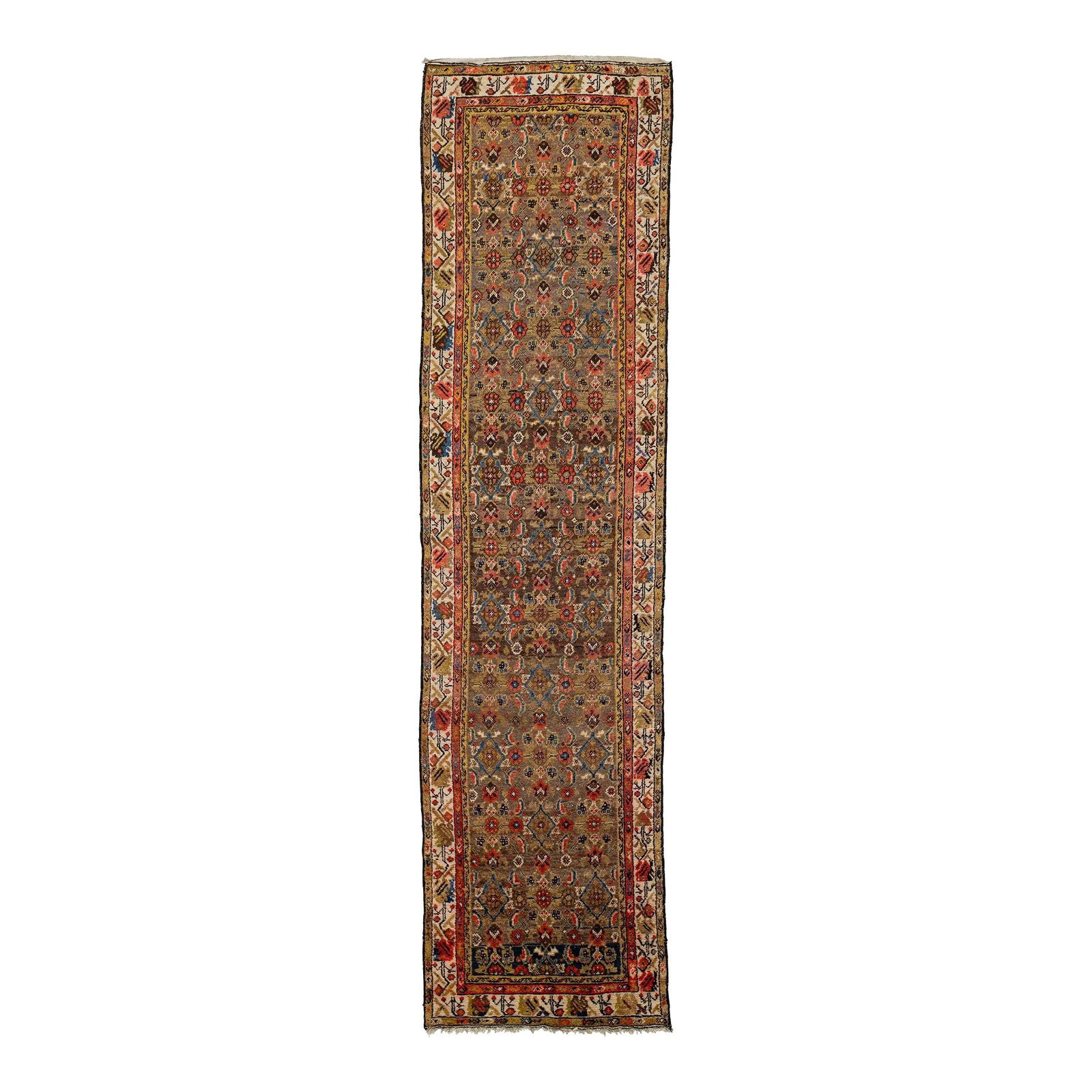 Antique Hamadan Floral Wool Runner 3'4 x 13'9 Handmade: Antique Hamadan Floral Wool Runner 3'4 x 13'9 Handmade This Antique Hamadan runner is expertly hand-knotted from high-quality wool, showcasing a rich brown field adorned with an intricate floral desig