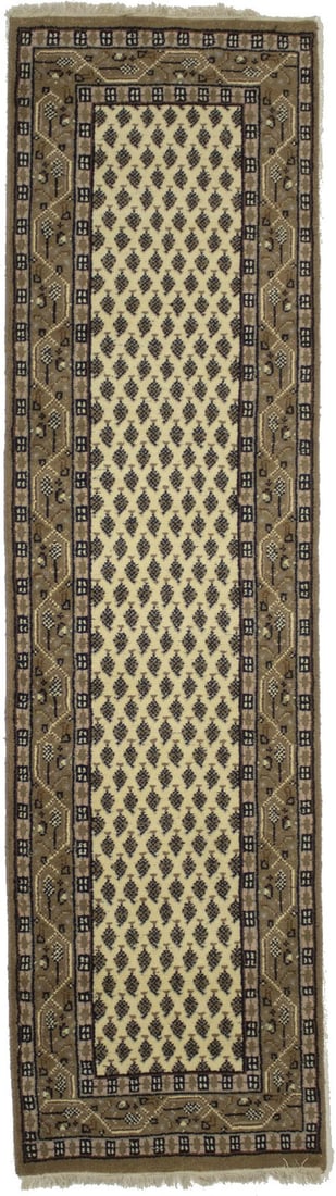 Hand-Knotted Wool Floral Runner Rug 2'5 x 8'9 Modern India Carpet: Hand-Knotted Wool Floral Runner Rug 2'5 x 8'9 Modern India Carpet This hand-knotted wool runner rug features an allover floral pattern in cream, brown, black, pale pink, and tan colors. Its rectangula