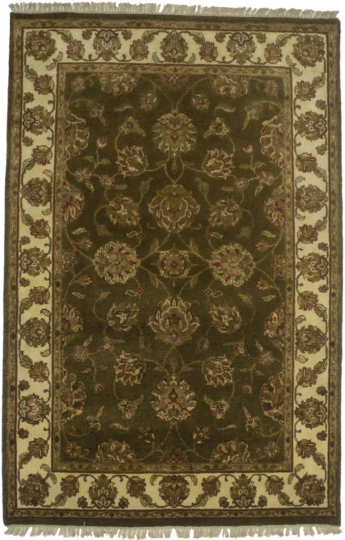 Hand-Knotted Wool Floral Area Rug 3'11 x 5'11 Traditional Indian Carpet: Hand-Knotted Wool Floral Area Rug 3'11 x 5'11 Traditional Indian Carpet This handmade Chobi Agra Jaipur oriental area rug features a classic floral pattern in brown, cream, caramel, olive, and red ton
