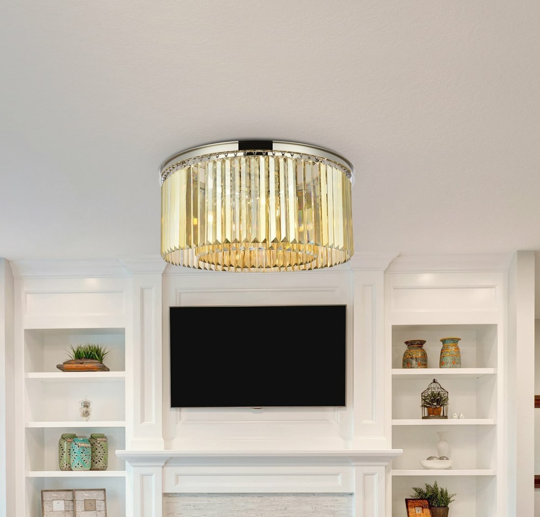 Sydney 8 Light Crystal Flush Mount 31.5 in Polished Nickel: Sydney 8 Light Crystal Flush Mount 31.5 in Polished Nickel Modern flush mount chandelier light fixture with a polished nickel finish and royal cut golden teak crystals. It features 8 lights, a round s
